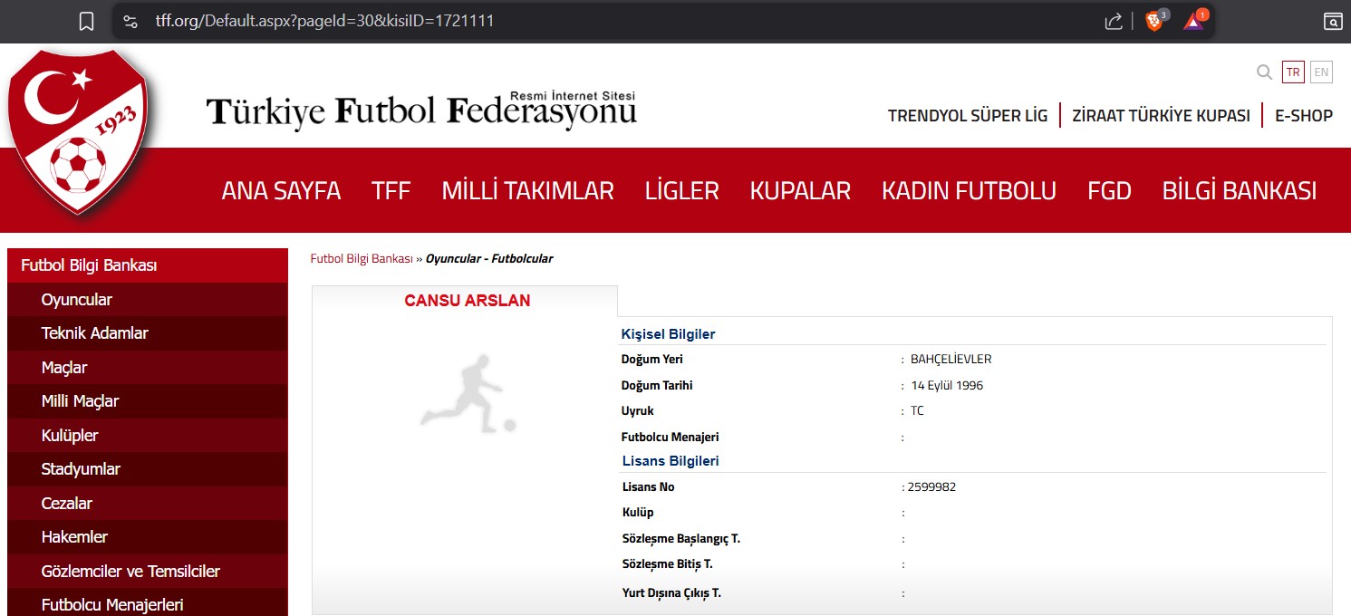TÜRKİYE FUTBOL FEDERASYONU Lisans (Lisans No: 2529252)